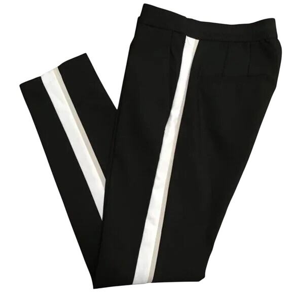 ZARA Basic Black White Beige Side Stripe Straight Leg Ankle Trouser Pant L #3382 - Picture 2 of 15
